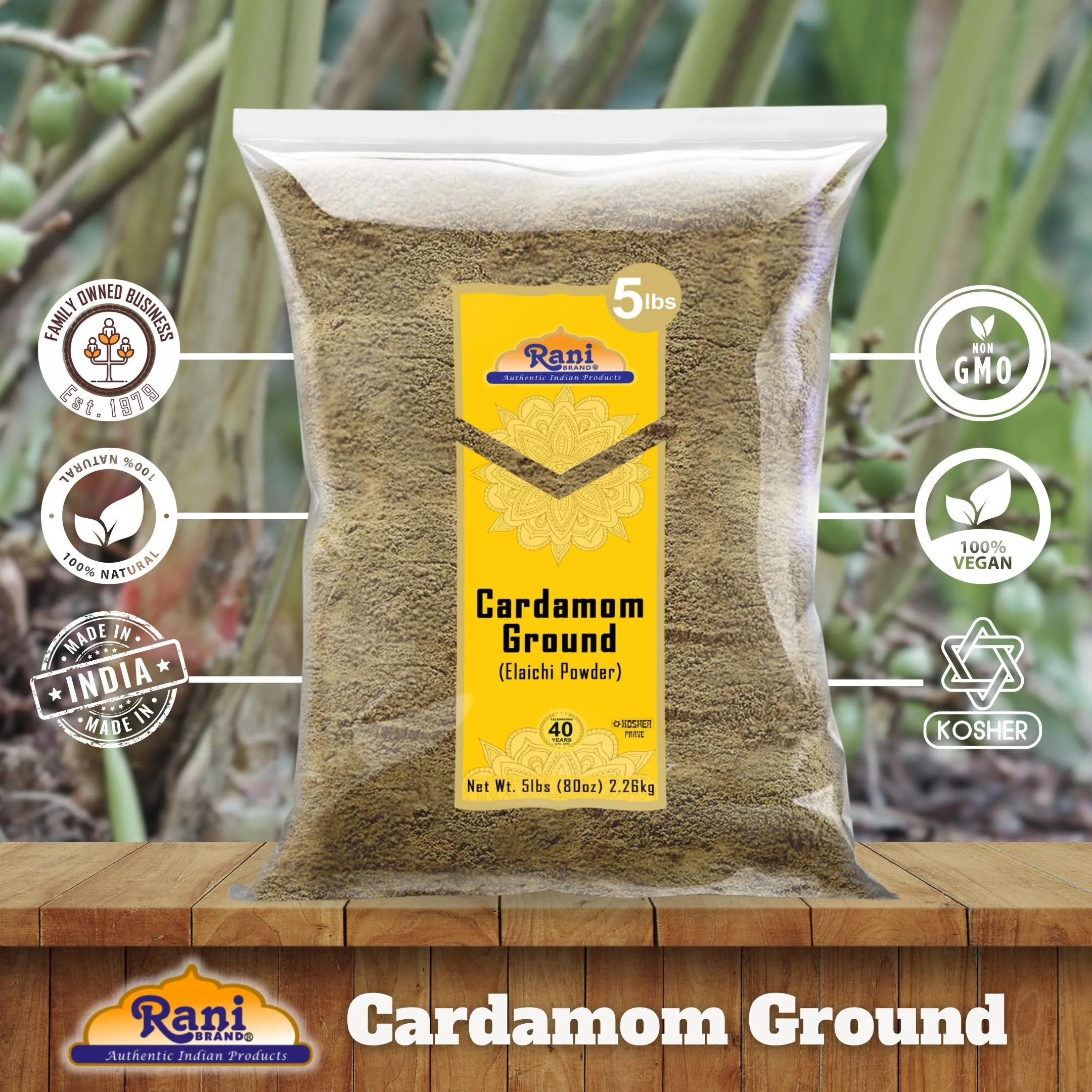 Rani Cardamom (Elachi) Ground, Powder Indian Spice 80oz (5lbs) 2.27kg Bulk ~ All Natural | No Color Added | Gluten Friendly | Vegan | NON-GMO | Kosher | No Salt or Fillers