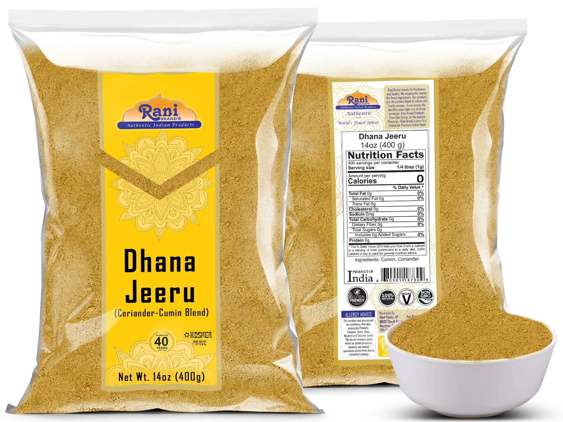 Rani Dhana-Jeeru (Coriander-Cumin Blend 50-50) Powder 14oz (400g) ~ All Natural | Salt Free | Vegan | Gluten Friendly | NON-GMO | Kosher