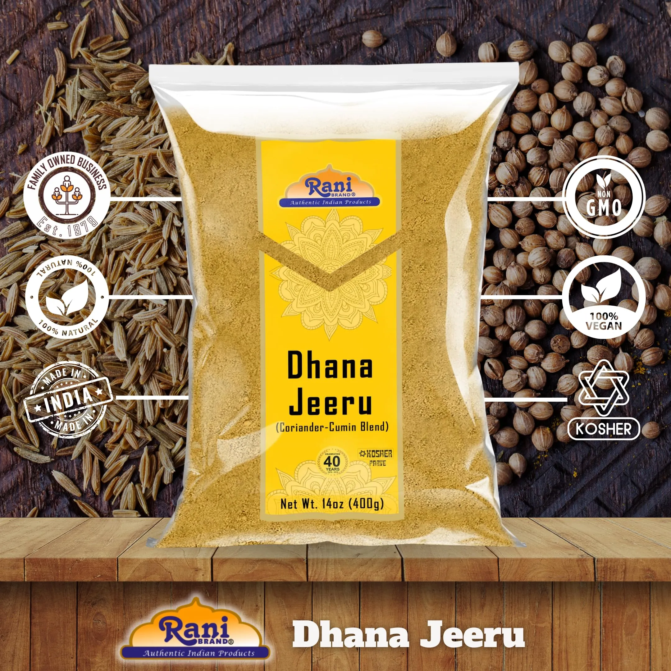 Rani Dhana-Jeeru (Coriander-Cumin Blend 50-50) Powder 14oz (400g) ~ All Natural | Salt Free | Vegan | Gluten Friendly | NON-GMO | Kosher