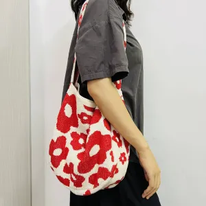 Red Flowers Knitted Single Strap Large Shoulder Tote Bag | 100�rylic / One Size  | Handbag