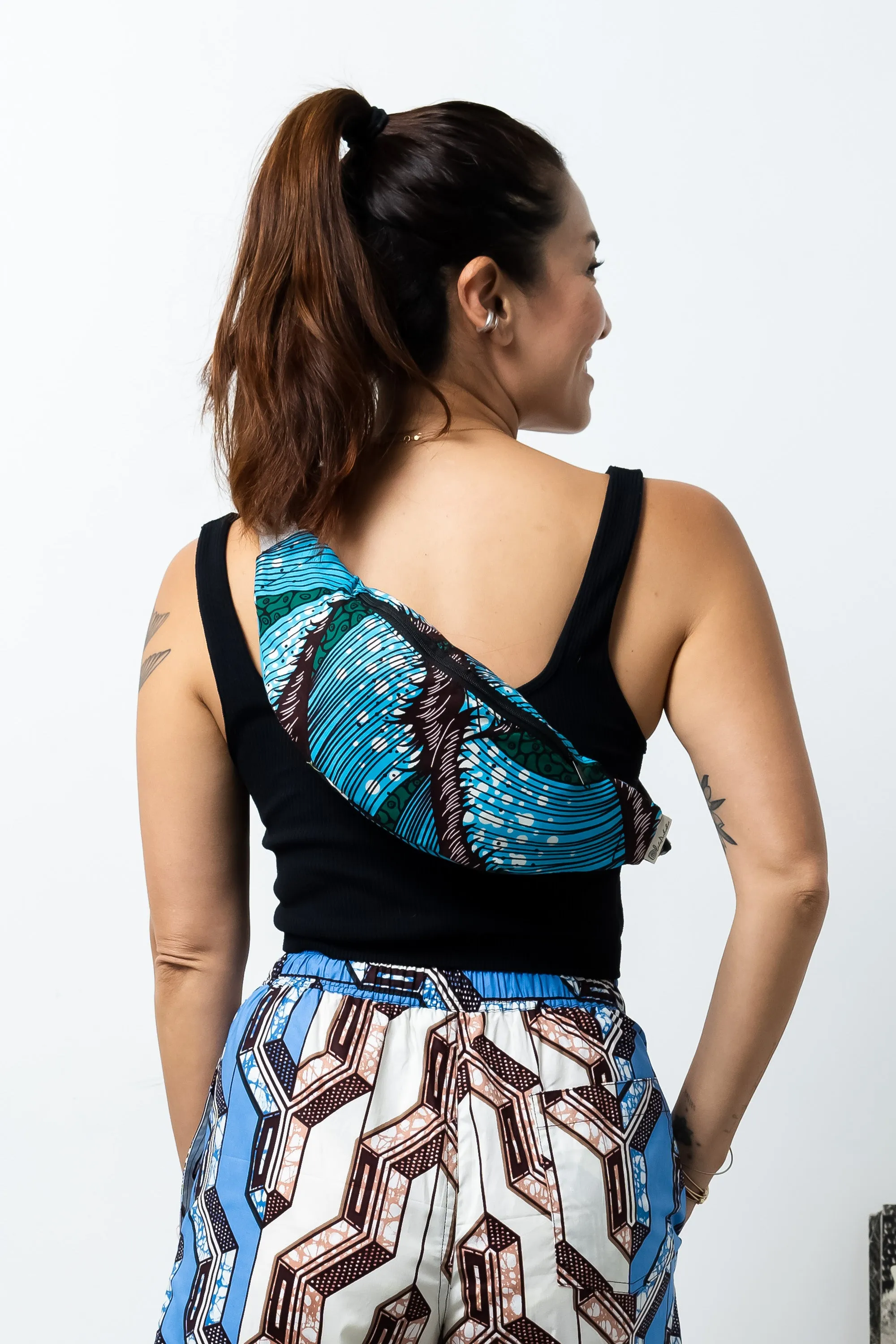 Seye Waistbag -  Cyan Green and Blue African Ankara Wax Cotton Print -5