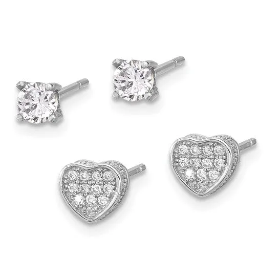 Sterling Silver Pavé CZ Heart & 4mm CZ Stud Post Earrings Set