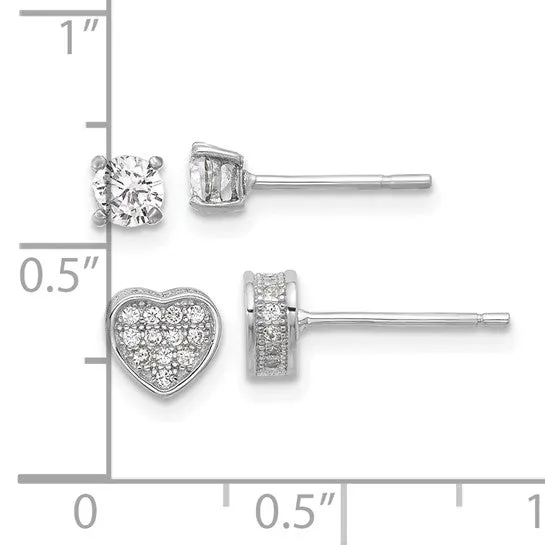 Sterling Silver Pavé CZ Heart & 4mm CZ Stud Post Earrings Set