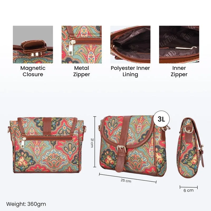 THE CLOWNFISH Madeline Printed Handicraft Fabric Handbag for Women Sling Bag Office Bag Ladies Shoulder Bag with Snap Flap Closure & Shoulder Belt Tote For Women College Girls (Dark Green)