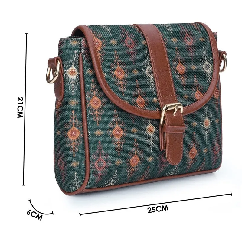 The Clownfish Madeline Printed Handicraft Fabric Handbag for Women Sling Bag Office Bag Ladies Shoulder Bag with Snap Flap Closure & Shoulder Belt Tote for Women College Girls (Green)