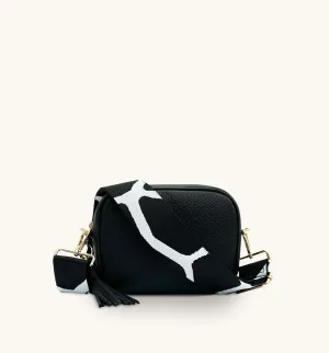 The Tassel Black Leather Crossbody Bag With Black & White Giraffe Strap