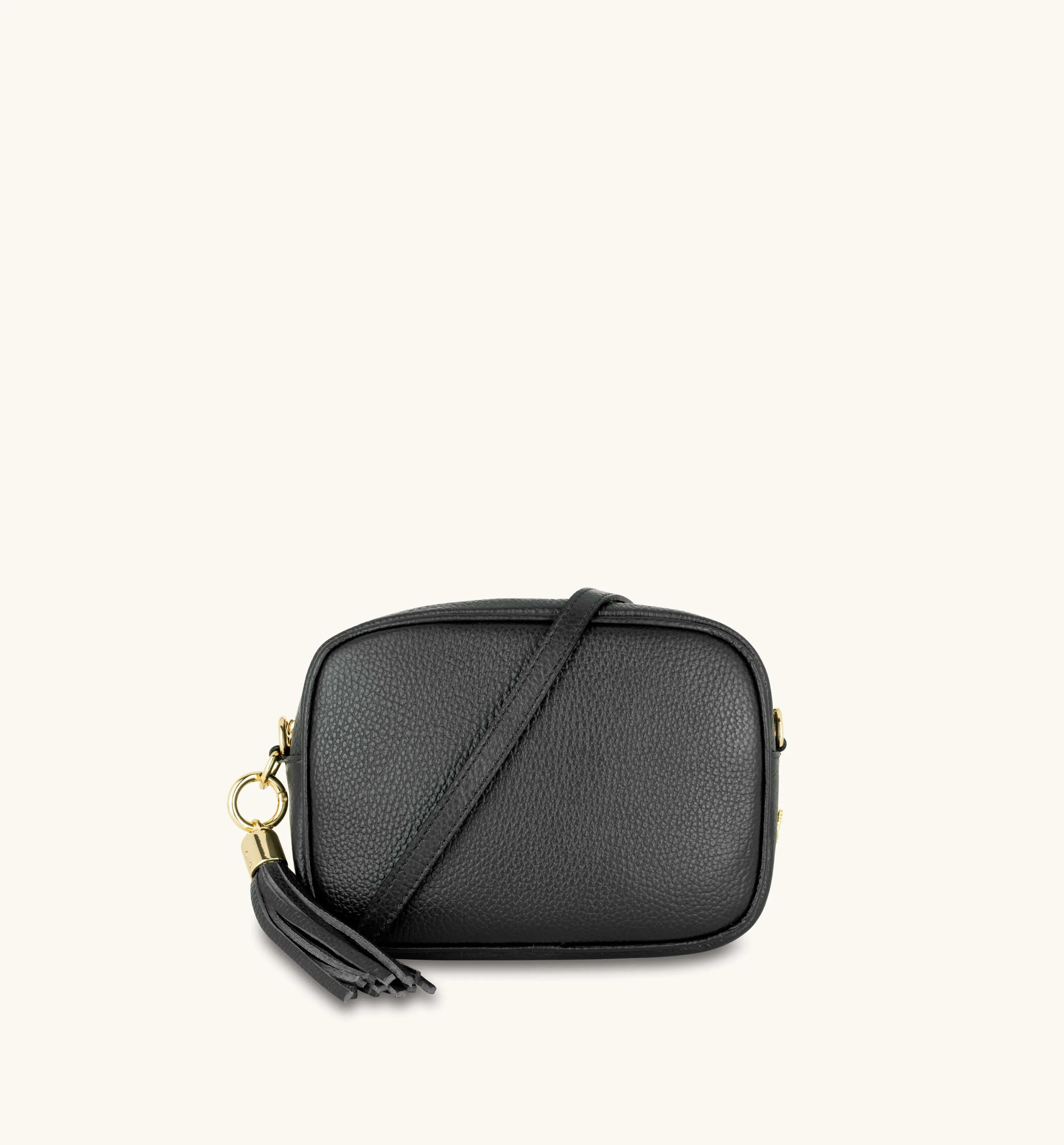 The Tassel Black Leather Crossbody Bag With Black & White Giraffe Strap