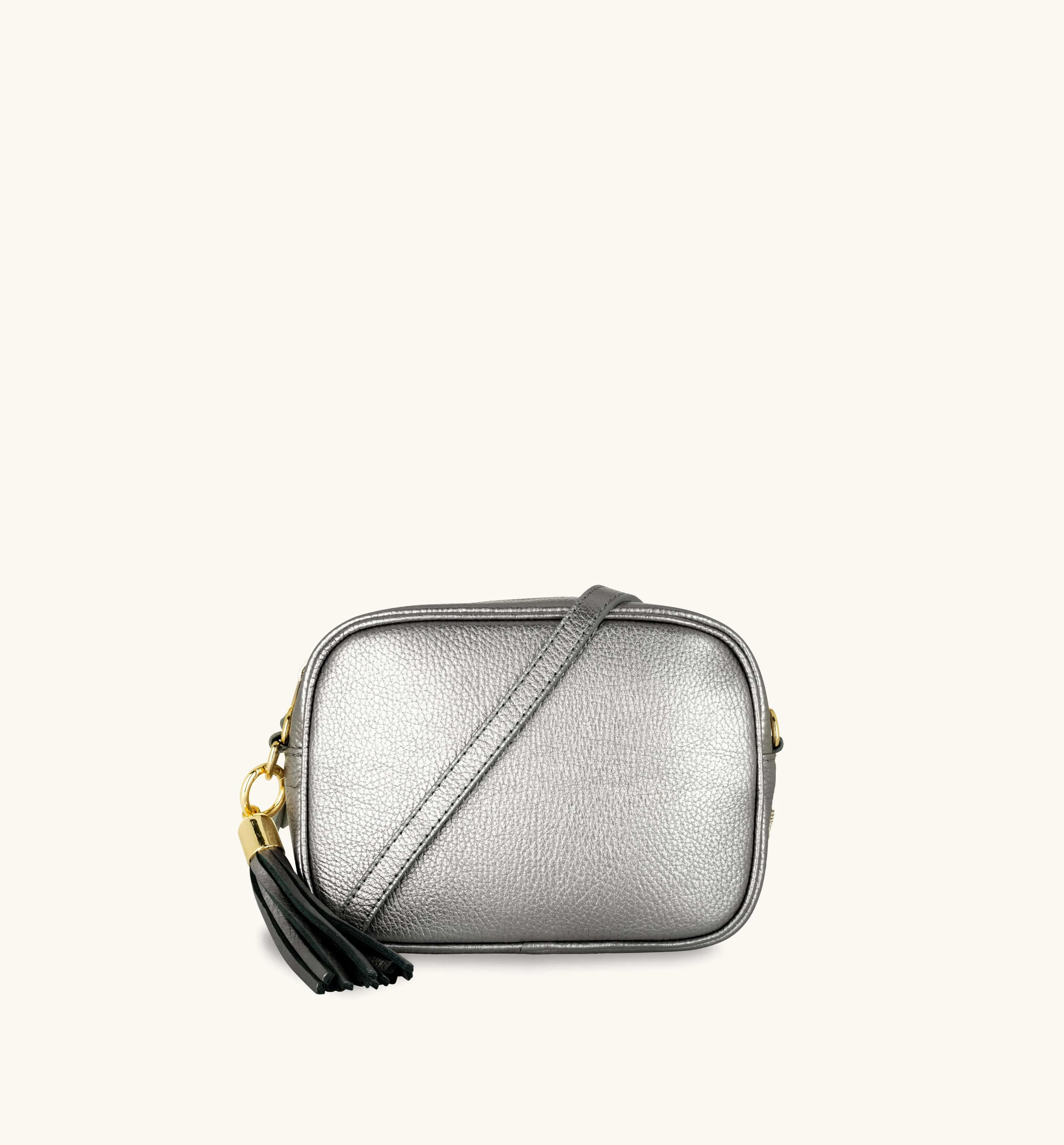 The Tassel Pewter Leather Crossbody Bag With Gold Chain Strap