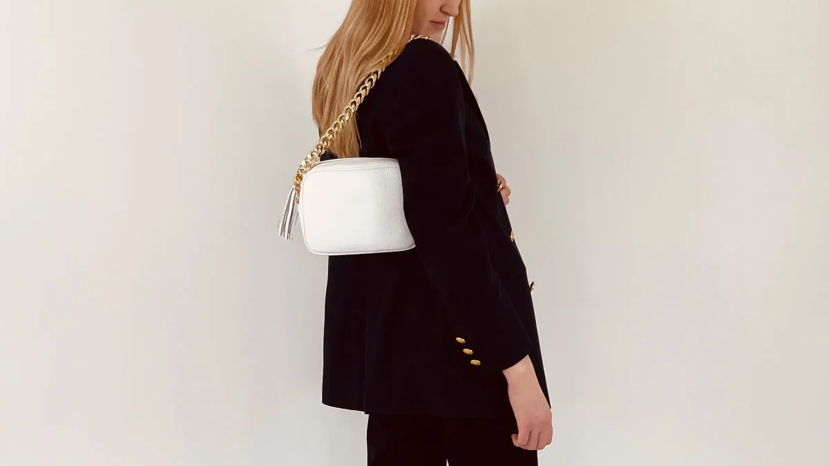 The Tassel White Leather Crossbody Bag With Gold Chain Strap