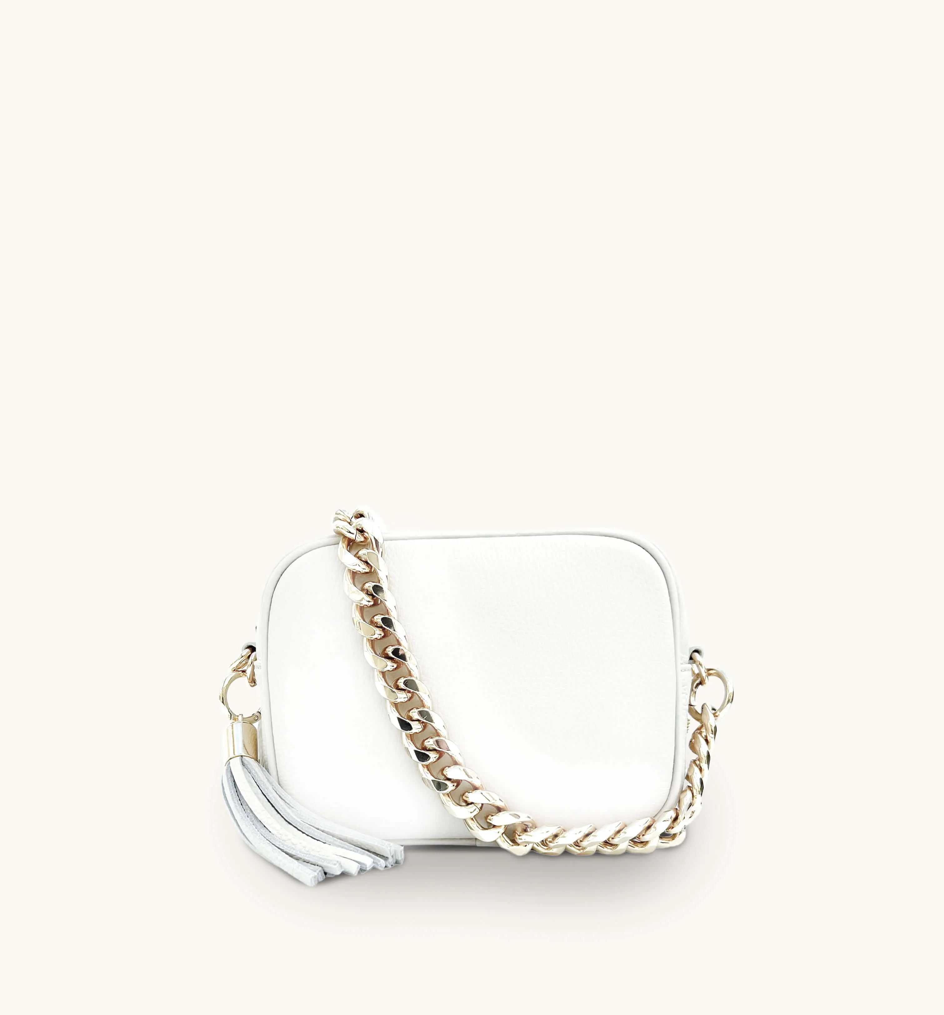 The Tassel White Leather Crossbody Bag With Gold Chain Strap