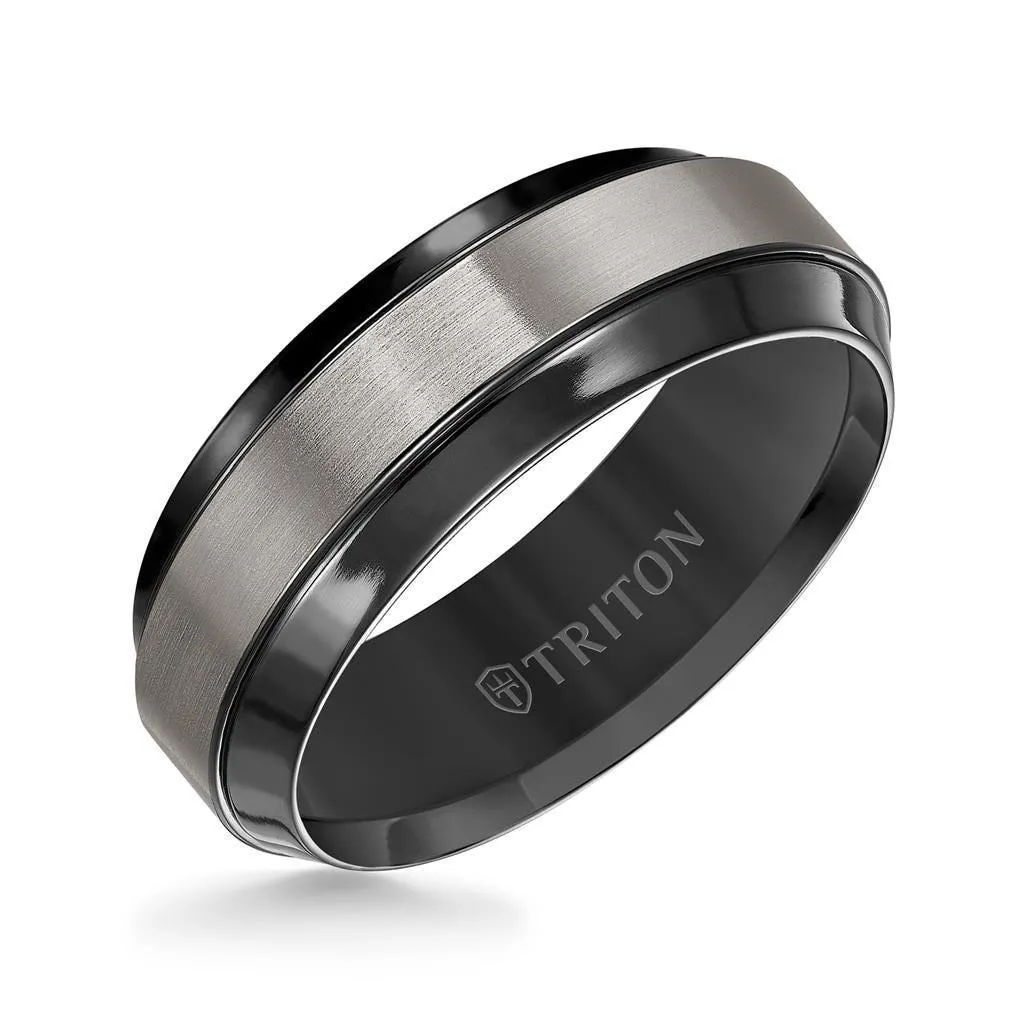 URIAH Satin Finished Titanium Comfort Fit Wedding Band with Polished Black Beveled Step Edges by Triton Rings - 8 mm