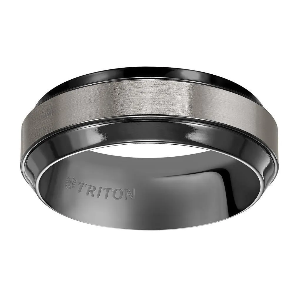 URIAH Satin Finished Titanium Comfort Fit Wedding Band with Polished Black Beveled Step Edges by Triton Rings - 8 mm