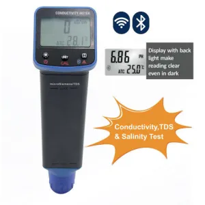 VA1022B, Liquid Conductivity (TDS) Tester & Temperature Tester Portable with Internal Sensor. Range 0-1999 uS/cm(0-1028 TDS/0-999 mg/L), 0-50 Deg C Accuracy 2%/0.5 Deg C, With BLUETOOTH AND APP