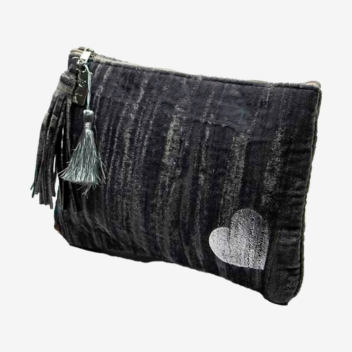 VELVET CLUTCH WITH HEART PRINT AND TASSLES GREY