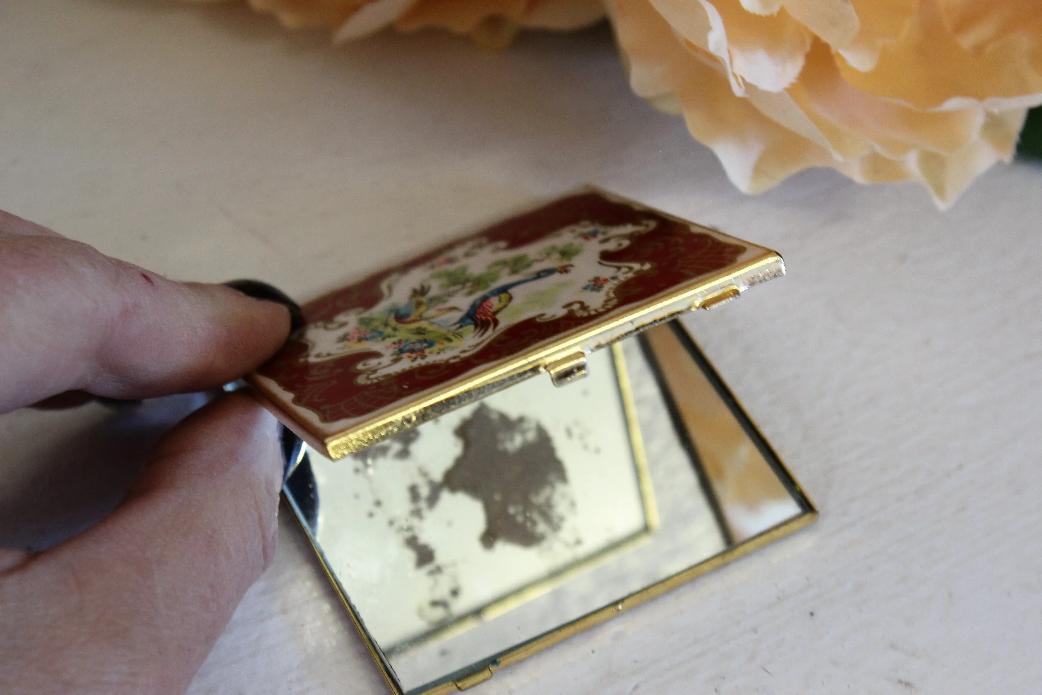 Vintage 1950s Peacock Print Enamel Compact