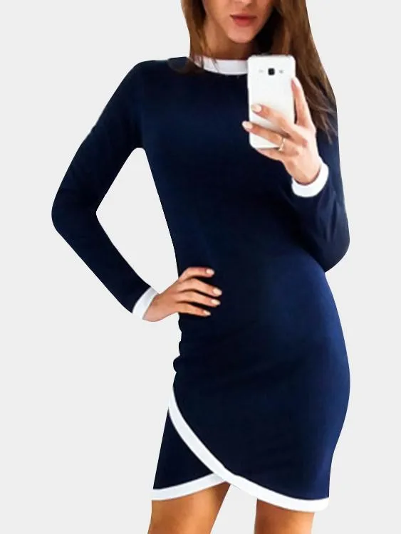 Wholesale Blue Crew Neck Long Sleeve Plain Zip Back Slit Hem Mini Dress