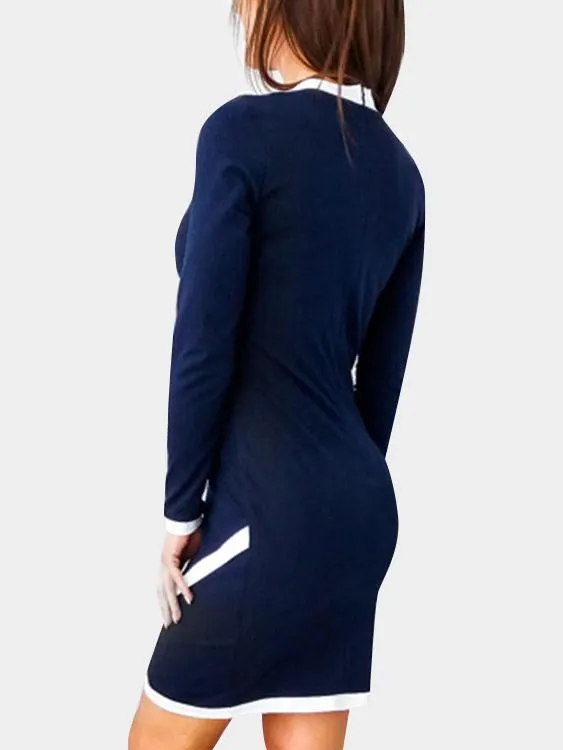 Wholesale Blue Crew Neck Long Sleeve Plain Zip Back Slit Hem Mini Dress