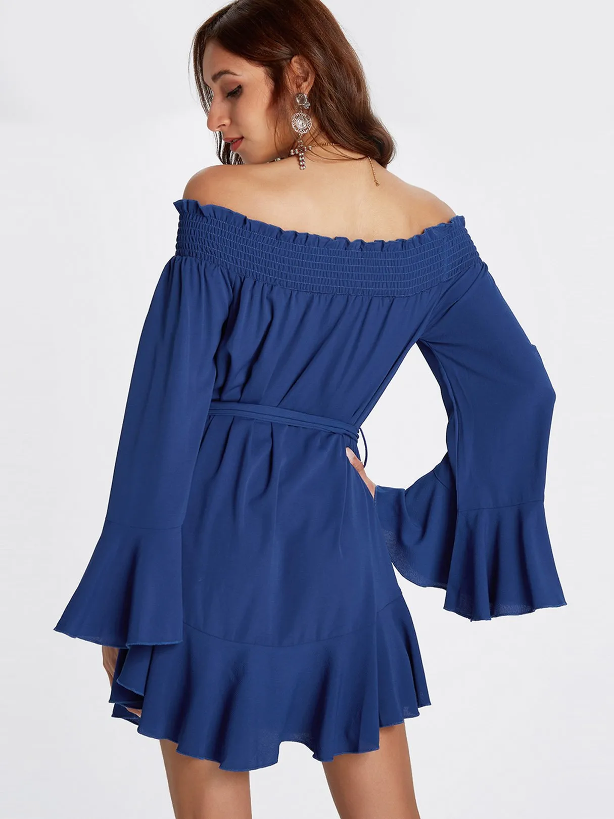 Wholesale Blue Off The Shoulder Long Sleeve Plain Backless Ruffle Hem Mini Dress