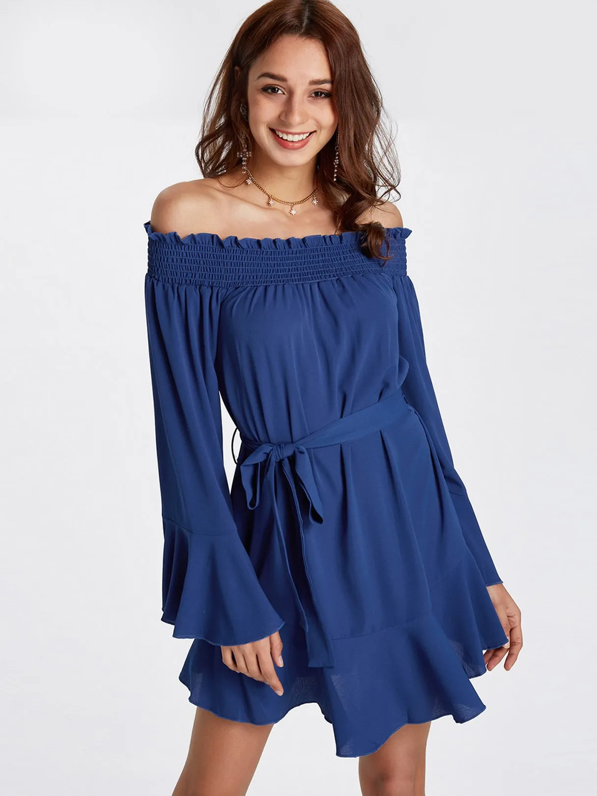 Wholesale Blue Off The Shoulder Long Sleeve Plain Backless Ruffle Hem Mini Dress