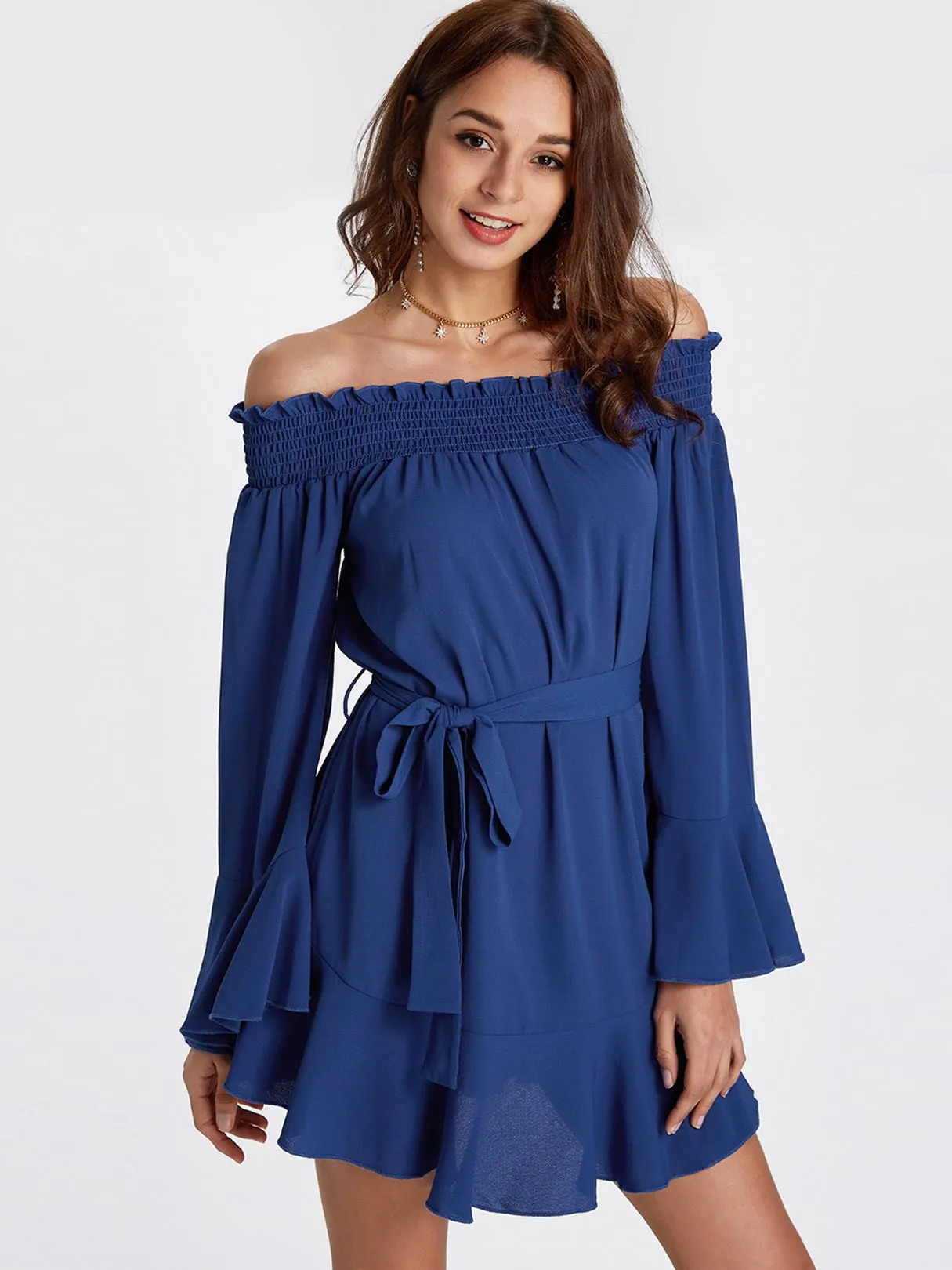 Wholesale Blue Off The Shoulder Long Sleeve Plain Backless Ruffle Hem Mini Dress