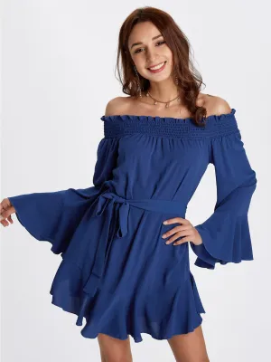 Wholesale Blue Off The Shoulder Long Sleeve Plain Backless Ruffle Hem Mini Dress