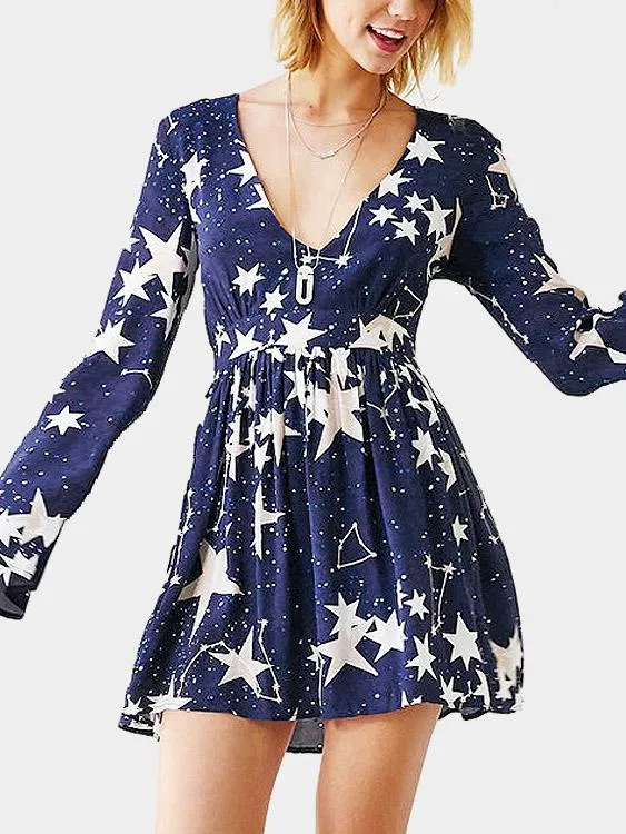 Wholesale Blue V-Neck Long Sleeve Star Mini Dress