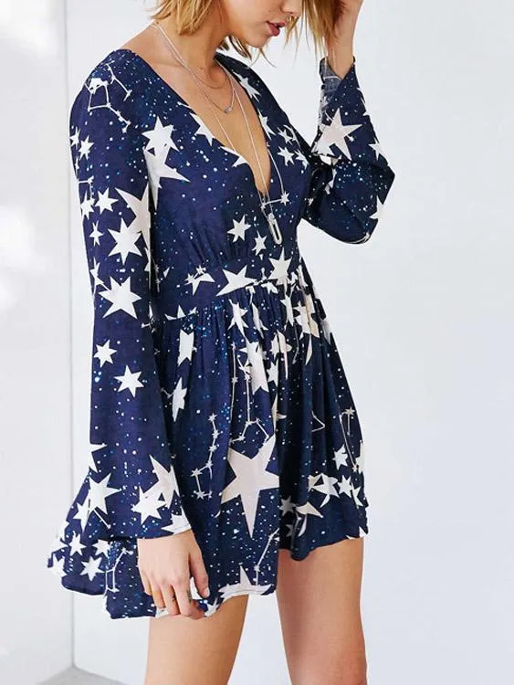 Wholesale Blue V-Neck Long Sleeve Star Mini Dress