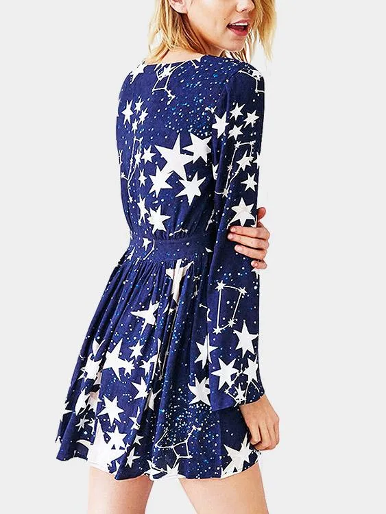 Wholesale Blue V-Neck Long Sleeve Star Mini Dress