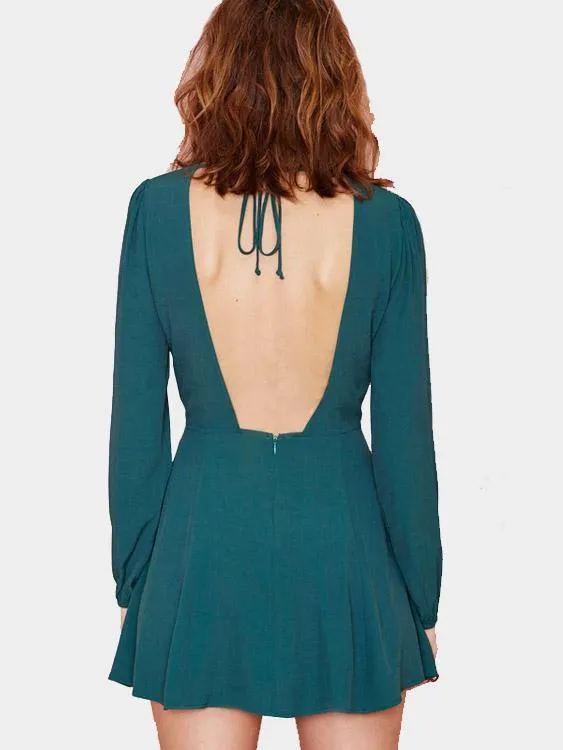 Wholesale Green Round Neck Long Sleeve Backless Mini Dress