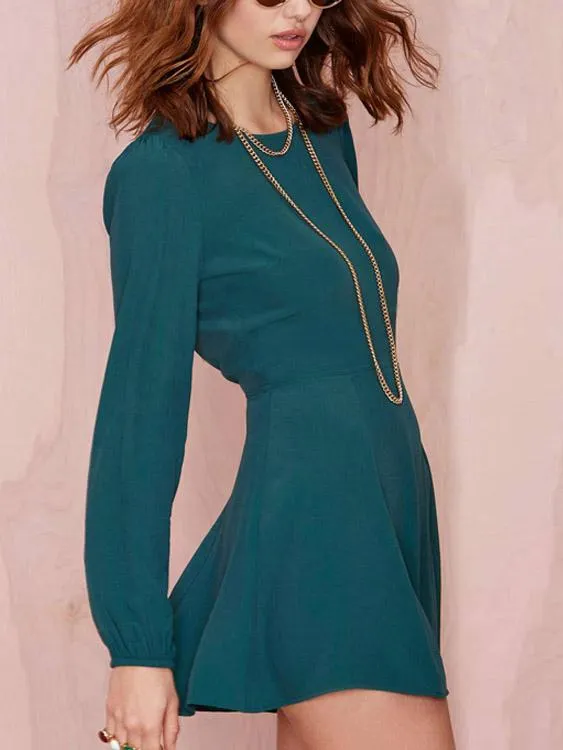 Wholesale Green Round Neck Long Sleeve Backless Mini Dress