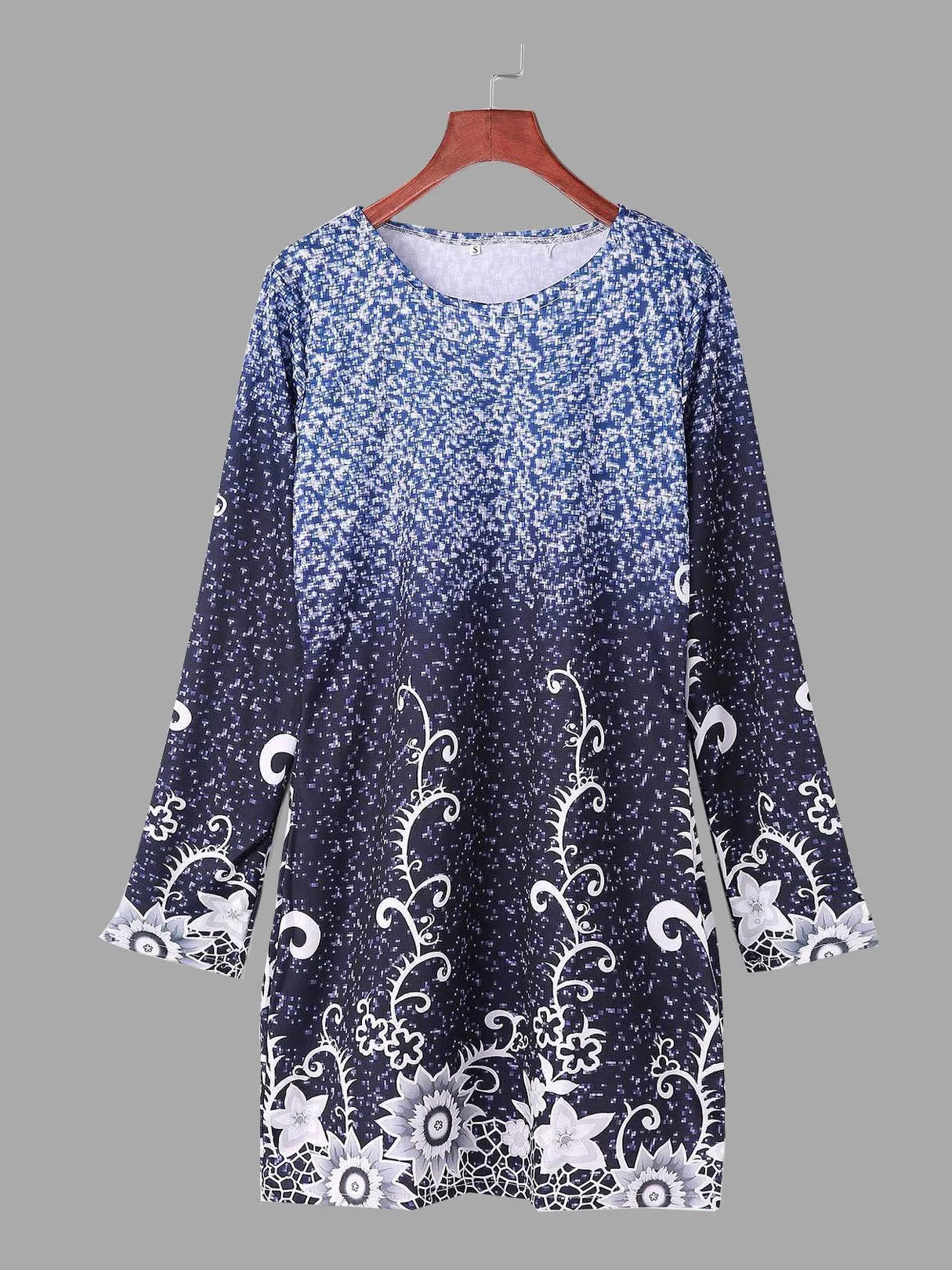 Wholesale Long Sleeve Floral Print Round Neck Blue Mini Dress