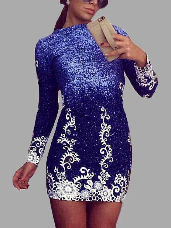 Wholesale Long Sleeve Floral Print Round Neck Blue Mini Dress