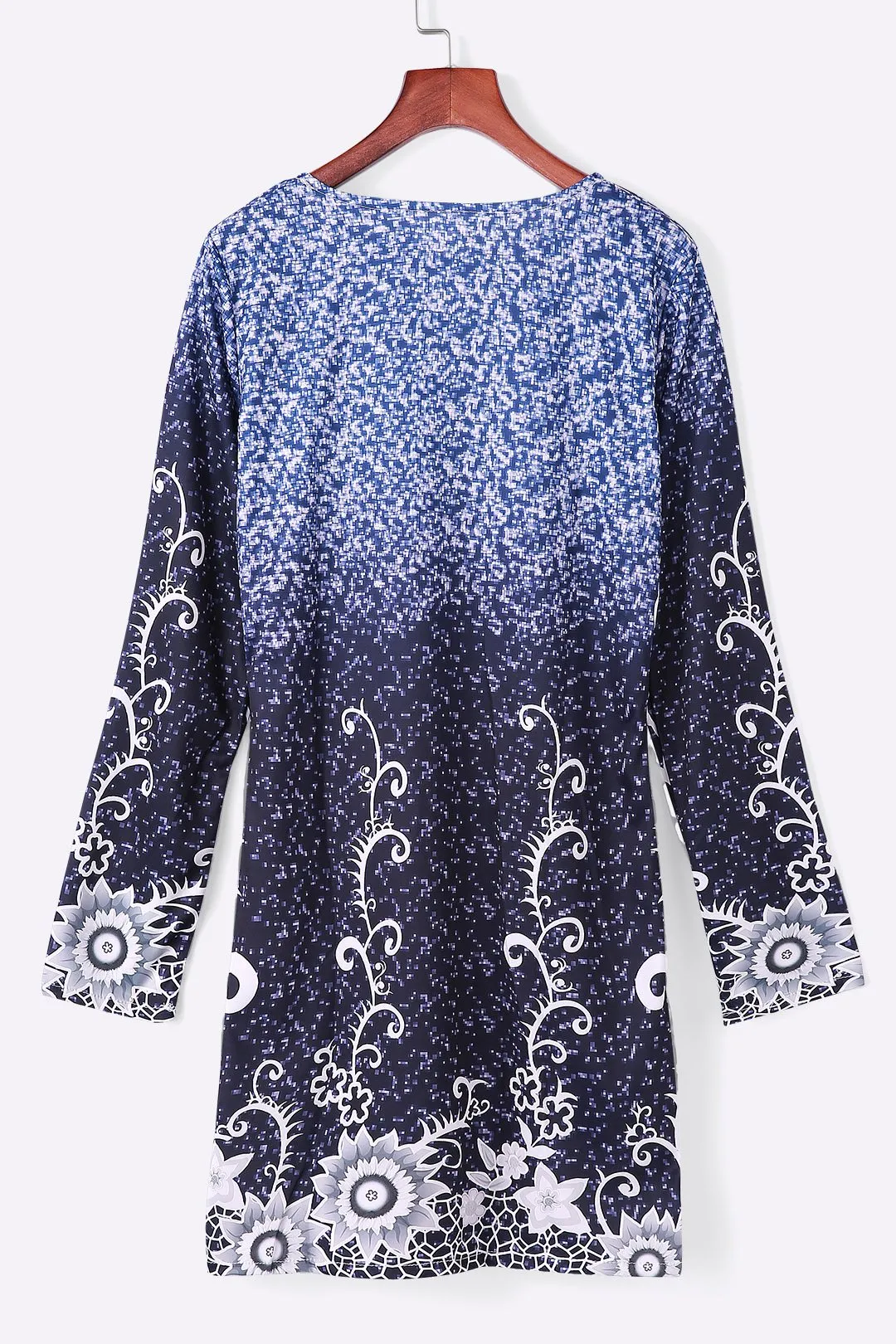 Wholesale Long Sleeve Floral Print Round Neck Blue Mini Dress