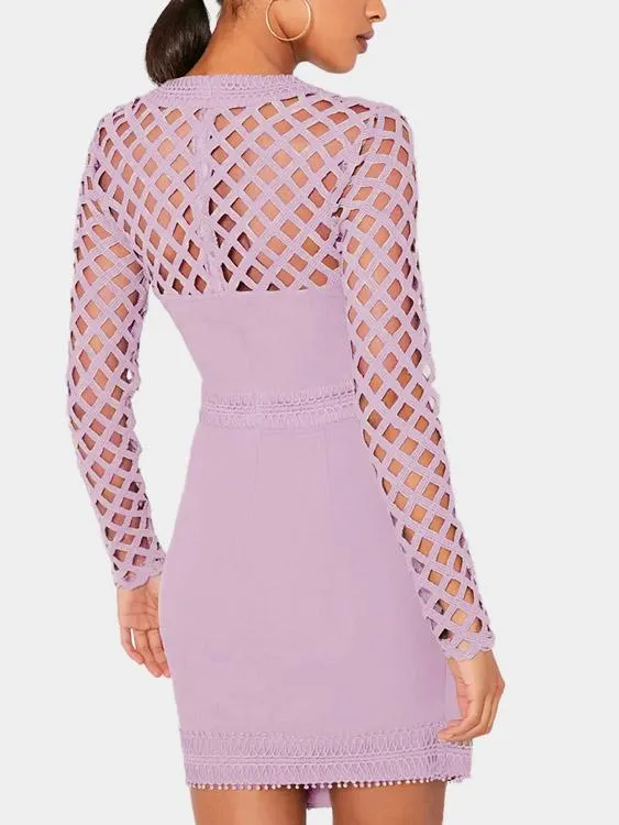 Wholesale Purple Deep V Neck Long Sleeve Lace Zip Back Hollow Irregular Hem Mini Dress