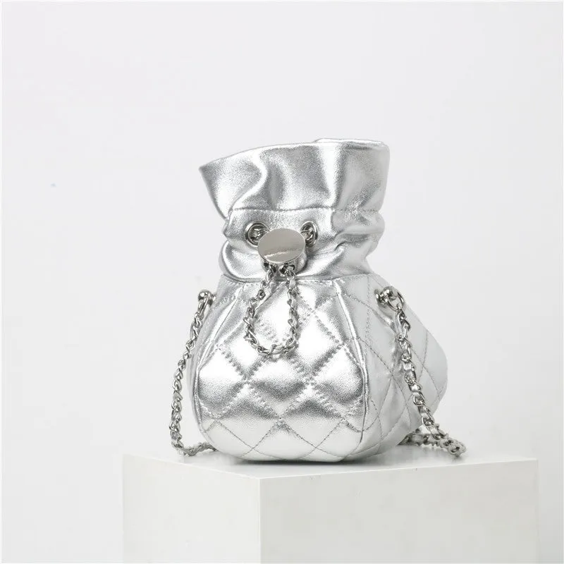 Womens Quilted Leather Mini Drawstring Bucket Bag