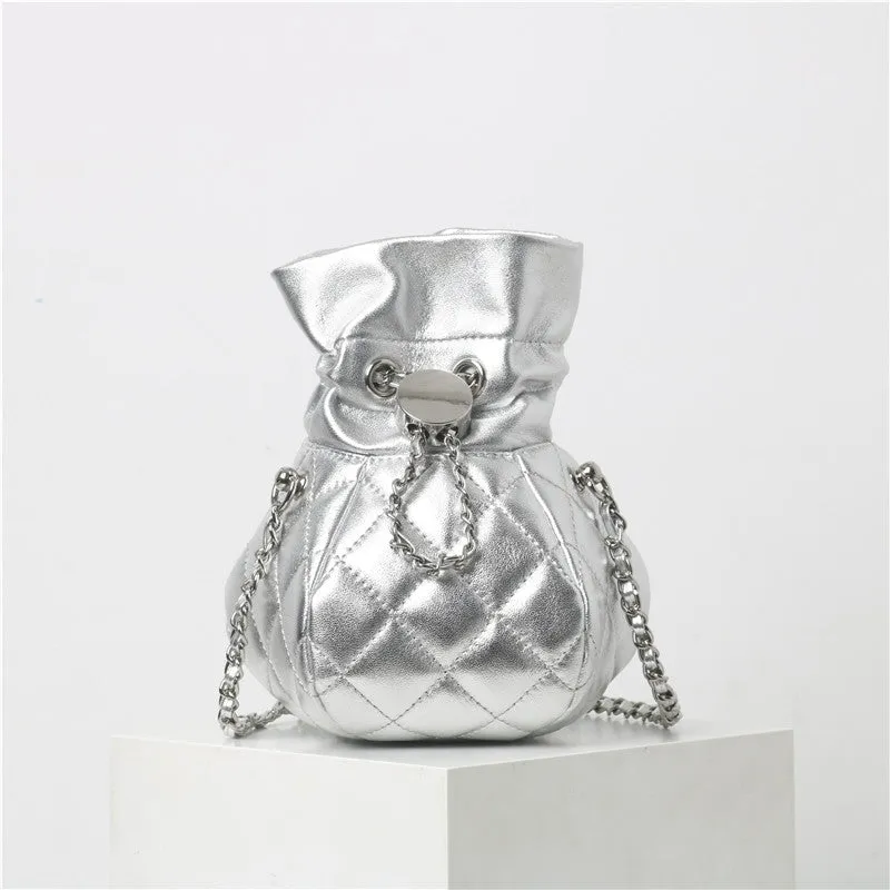 Womens Quilted Leather Mini Drawstring Bucket Bag