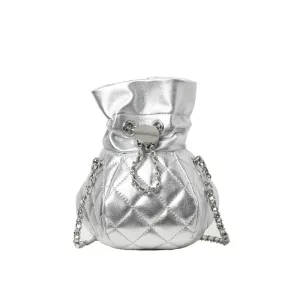 Womens Quilted Leather Mini Drawstring Bucket Bag