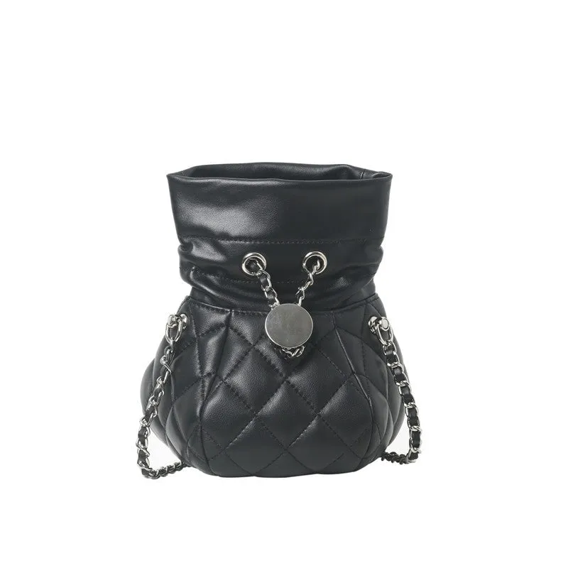 Womens Quilted Leather Mini Drawstring Bucket Bag