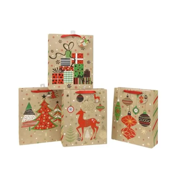 XMAS DESIGNS ON BROWN PAPER GIFT BAG BTL 36X12.3X8.5CM 4 ASS