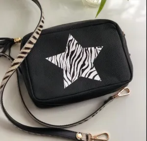 Zebra Star Camera Classic Black Kylie Pebbled Leather Crossbody Clutch Bag