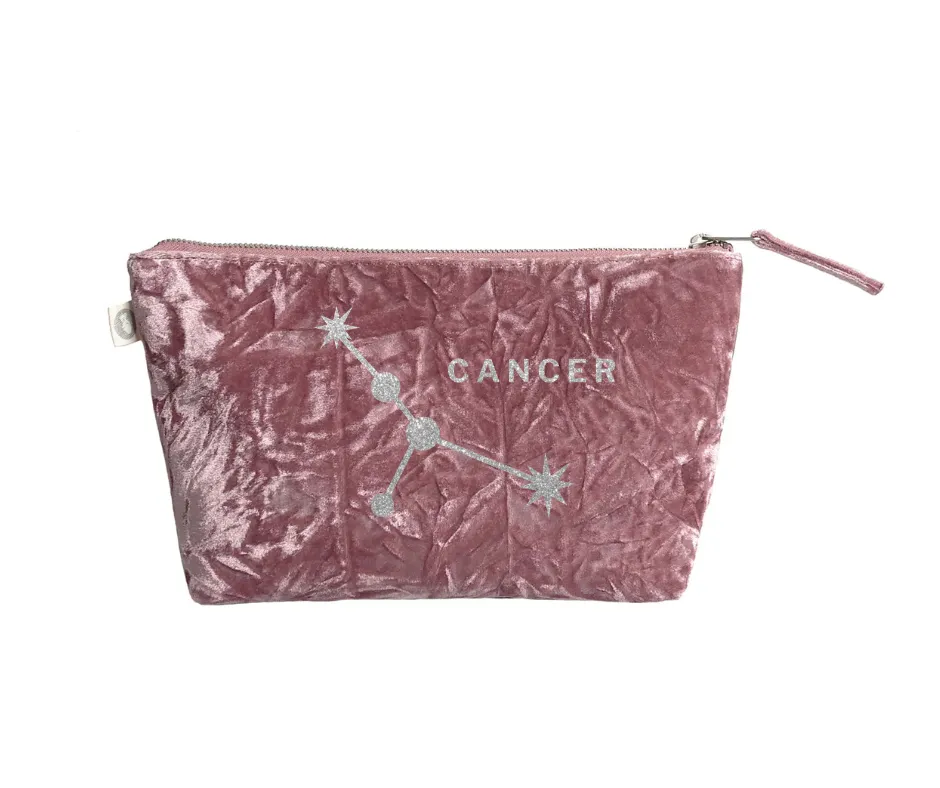 Zodiac Pink Crushed Velvet Large Makeup Bag - Cancer