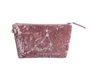 Zodiac Pink Crushed Velvet Large Makeup Bag - Capricorn